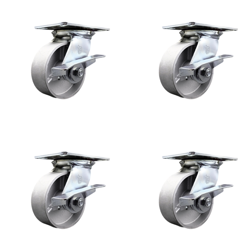 SCC-35S520-SSR-SLB-4 Heavy Duty Large Top Plate Semi Steel Cast Iron Swivel Caster with 5 x 2 in. Silver Wheels - 4000 lbs Total Capacity - Set of 4