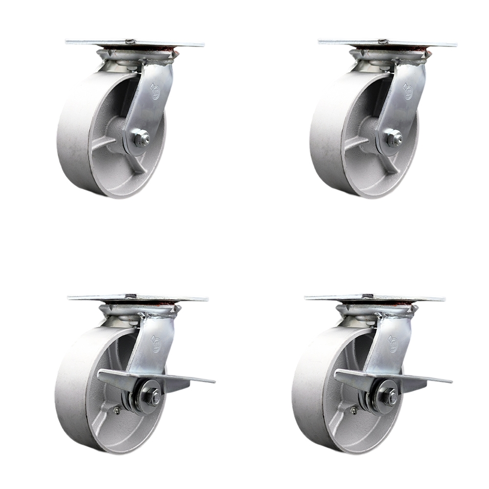 Heavy Duty Large Top Plate Semi Steel Cast Iron Swivel Caster with 6 x 2 in. Silver Wheels - 4800 lbs Total Capacity - Set of 4