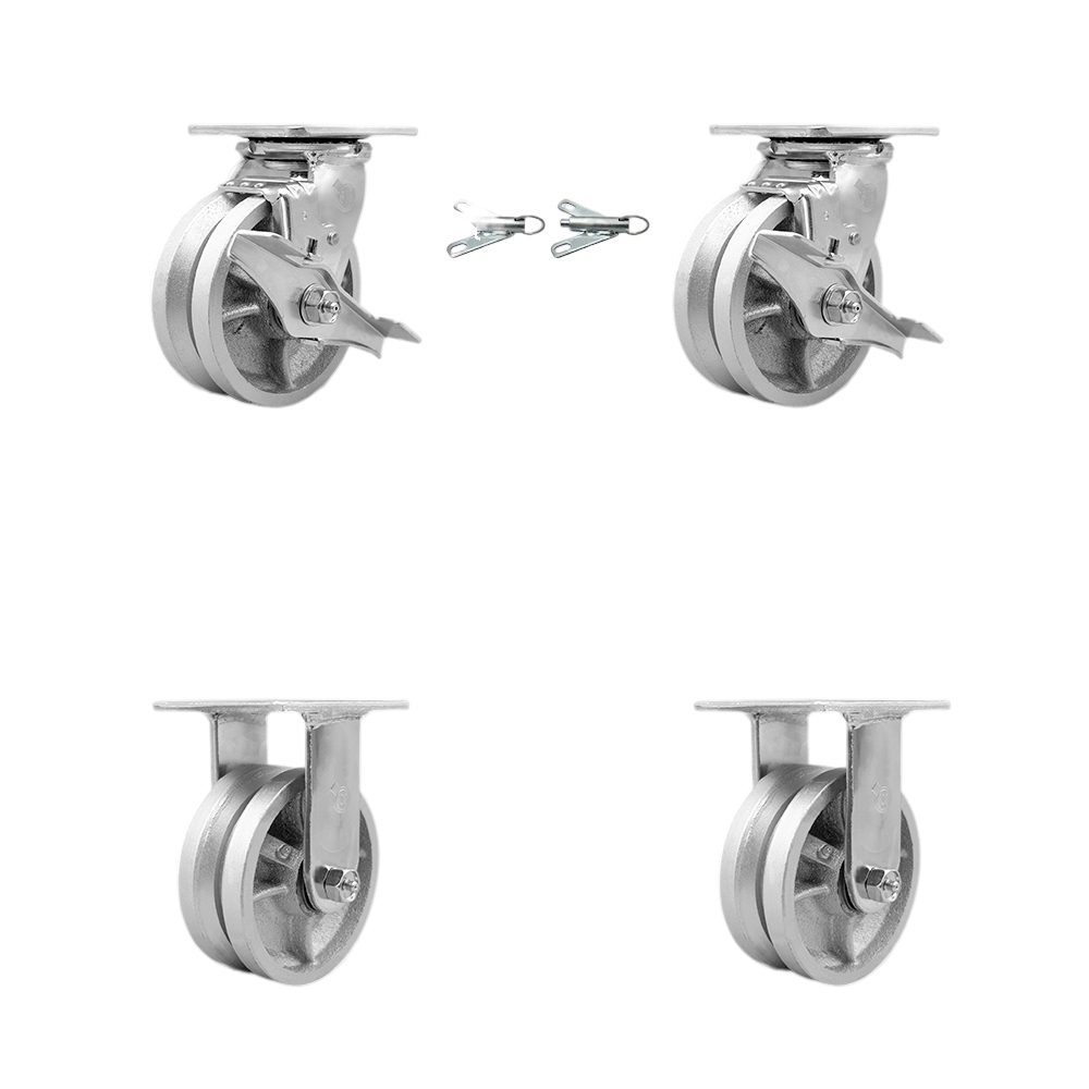 SCC-30CS520-VGB-TLB-BSL-2-R-2 Heavy Duty Swivel Caster with 5 in. V Groove Semi Steel Cast Iron Wheels & Ball Bearings - Set of 4