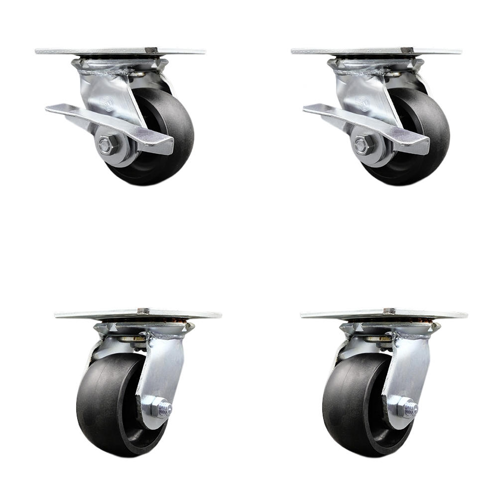 Heavy Duty Large Top Plate Glass Filled Nylon Swivel Caster with 4 x 2 in. Black Wheels - 4800 lbs Capacity - Set of 4