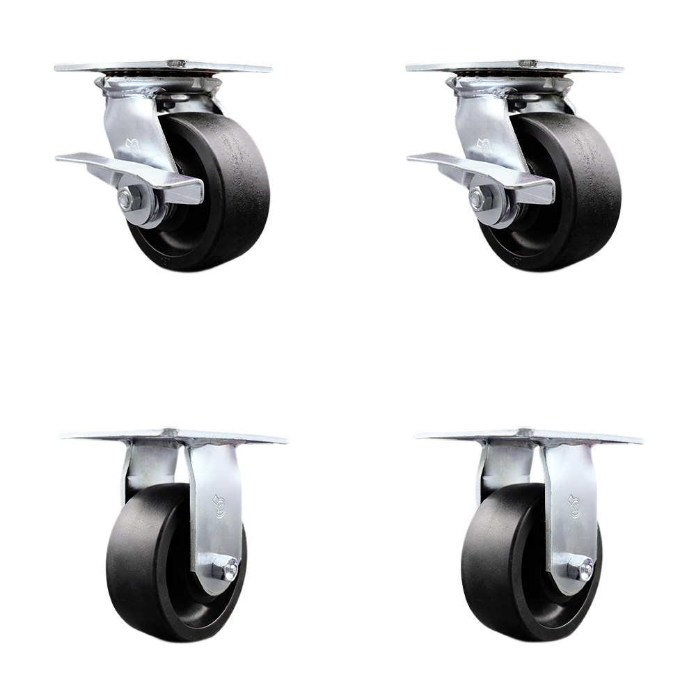 Heavy Duty Large Top Plate Glass Filled Nylon Swivel Caster with 5 x 2 in. Black Wheels - 6000 lbs Total Capacity - Set of 4