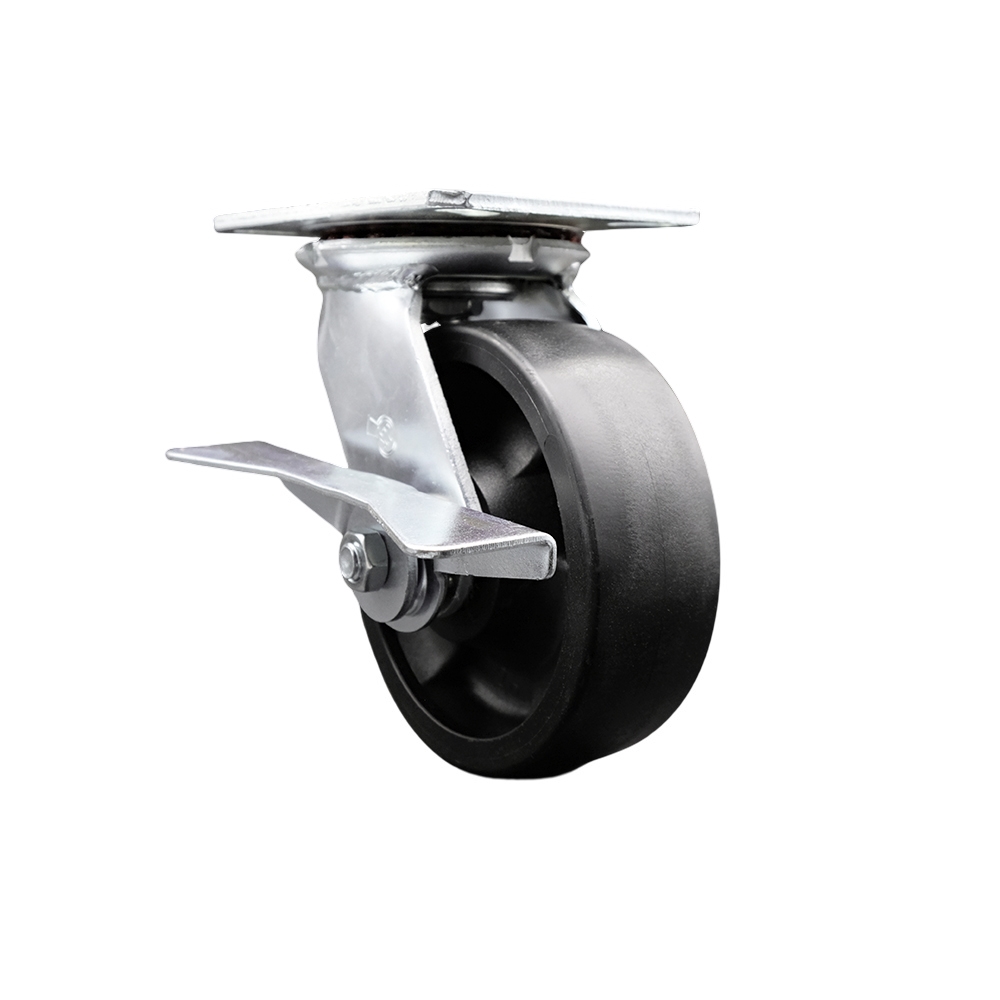 Heavy Duty Large Top Plate Glass Filled Nylon Swivel Caster with 6 x 2 in. Black Wheel & Side Lock Brake - 1500 lbs Capacity per Caster