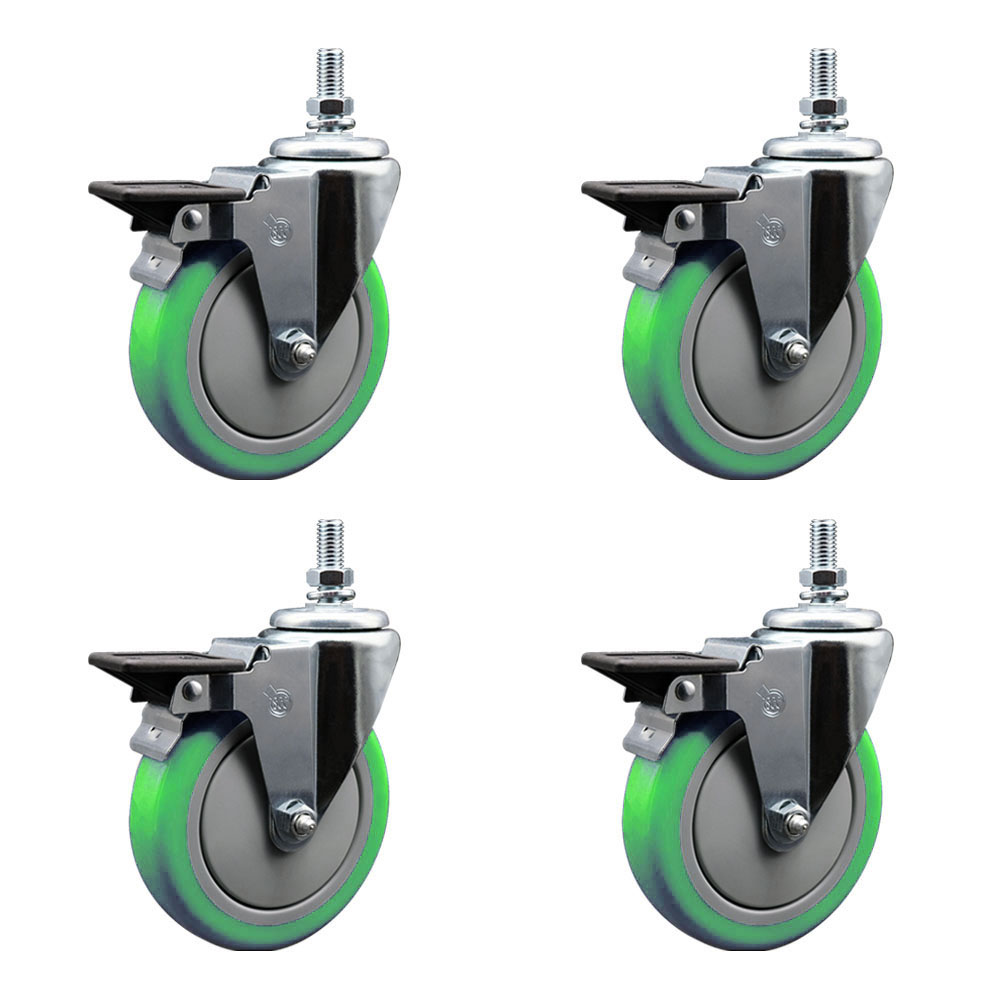 SCC-TS20S514-PPUB-GRN-PLB-M1015-4 Polyurethane Swivel Threaded Stem Caster with 5 x 1.25 in. Green Wheels & 10 mm Stems - Set of 4