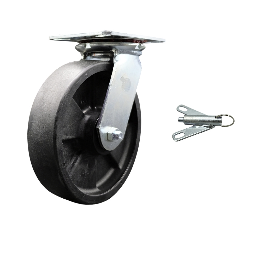 Heavy Duty Large Top Plate Glass Filled Nylon Swivel Caster with 8 x 2 in. Black Wheel & Bolt on Swivel Lock - 1500 lbs Capacity per Caster