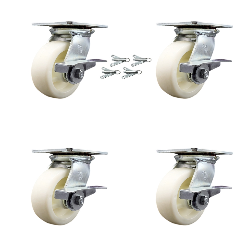 SCC-35S520-NYR-SLB-BSL-4 Heavy Duty Large Top Plate Nylon Swivel Caster with 5 x 2 in. White Wheels - 3600 lbs Total Capacity - Set of 4