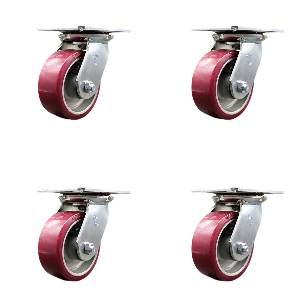SCC-35S520-PAR-4 Heavy Duty Large Top Plate Polyurethane on Aluminum Swivel Caster with 5 x 2 in. Maroon Wheels - 3600 lbs Total Capacity - Set of 4