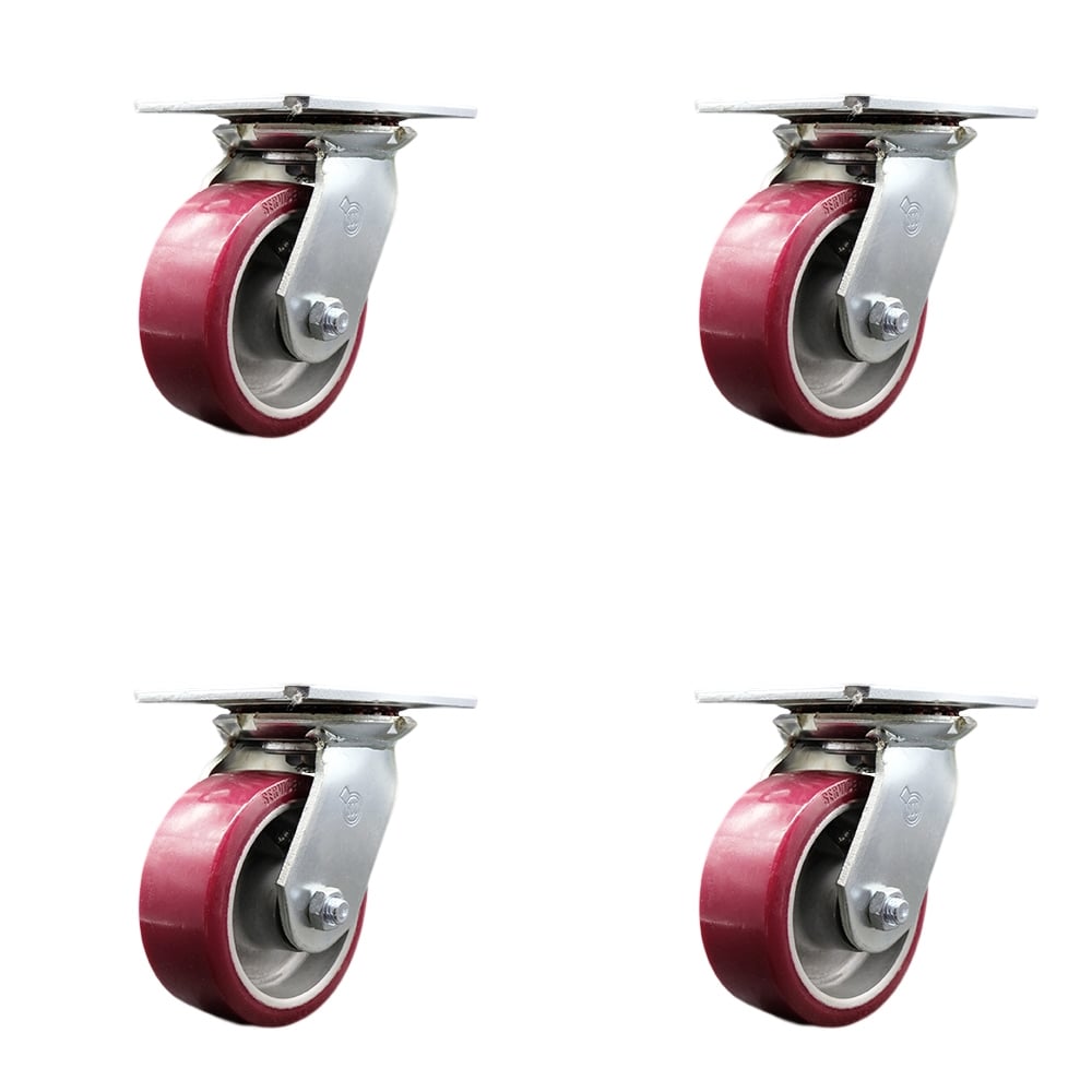 Heavy Duty Large Top Plate Polyurethane on Aluminum Swivel Caster with 5 x 2 in. Maroon Wheels - 3600 lbs Total Capacity - Set of 4