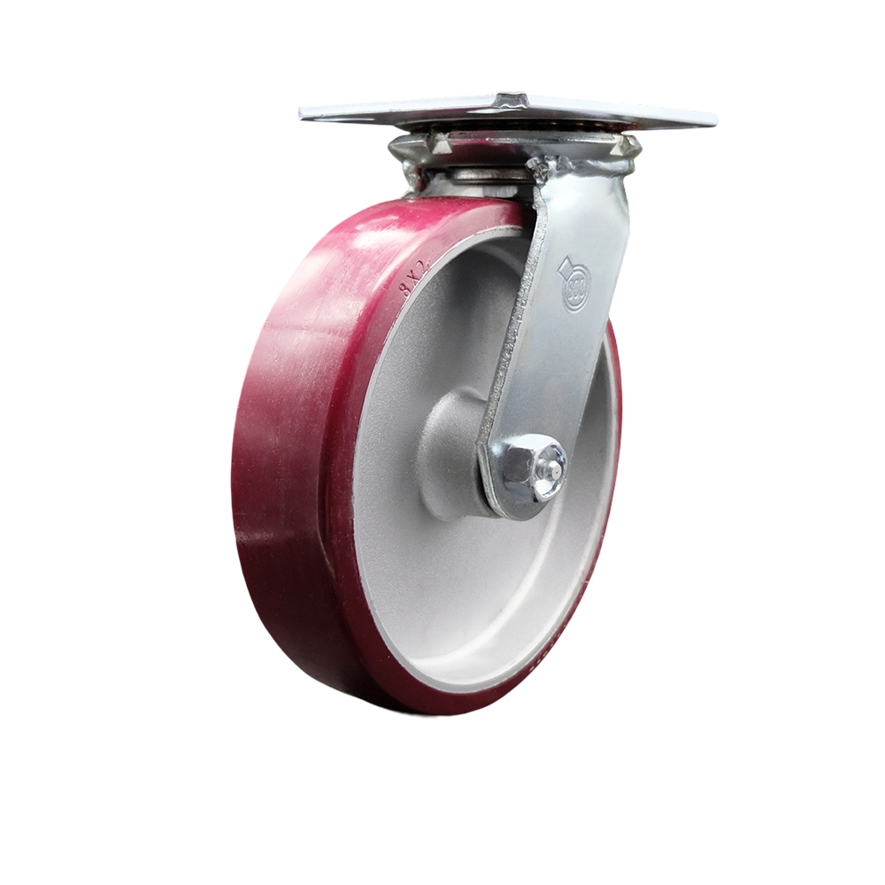 SCC-35S820-PAR Heavy Duty Large Top Plate Polyurethane on Aluminum Swivel Caster with 8 x 2 in. Maroon Wheel - 1250 lbs Capacity per Caster
