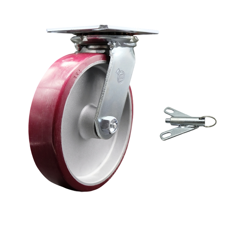 Heavy Duty Large Top Plate Polyurethane on Aluminum Swivel Caster with 8 x 2 in. Maroon Wheel & Bolt on Swivel Lock - 1250 lbs Capacity per Caster