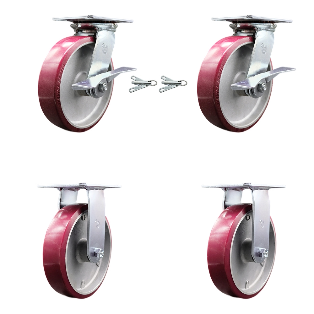 Heavy Duty Large Top Plate Polyurethane on Aluminum Swivel Caster with 8 x 2 in. Maroon Wheels - 5000 lbs Capacity - Set of 4