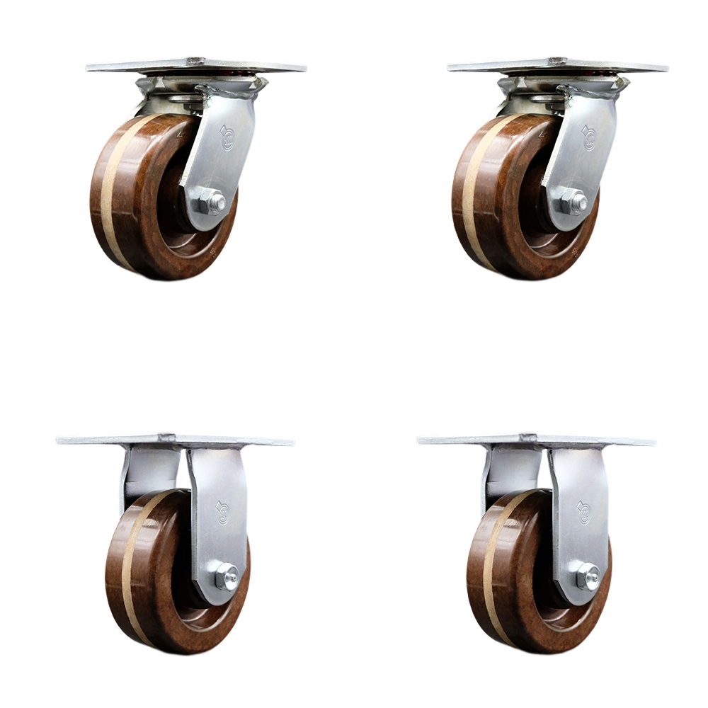 Heavy Duty Large Top Plate High Temperature Phenolic Swivel Caster with 5 x 2 in. Brown Wheels - 4000 lbs Total Capacity - Set of 4