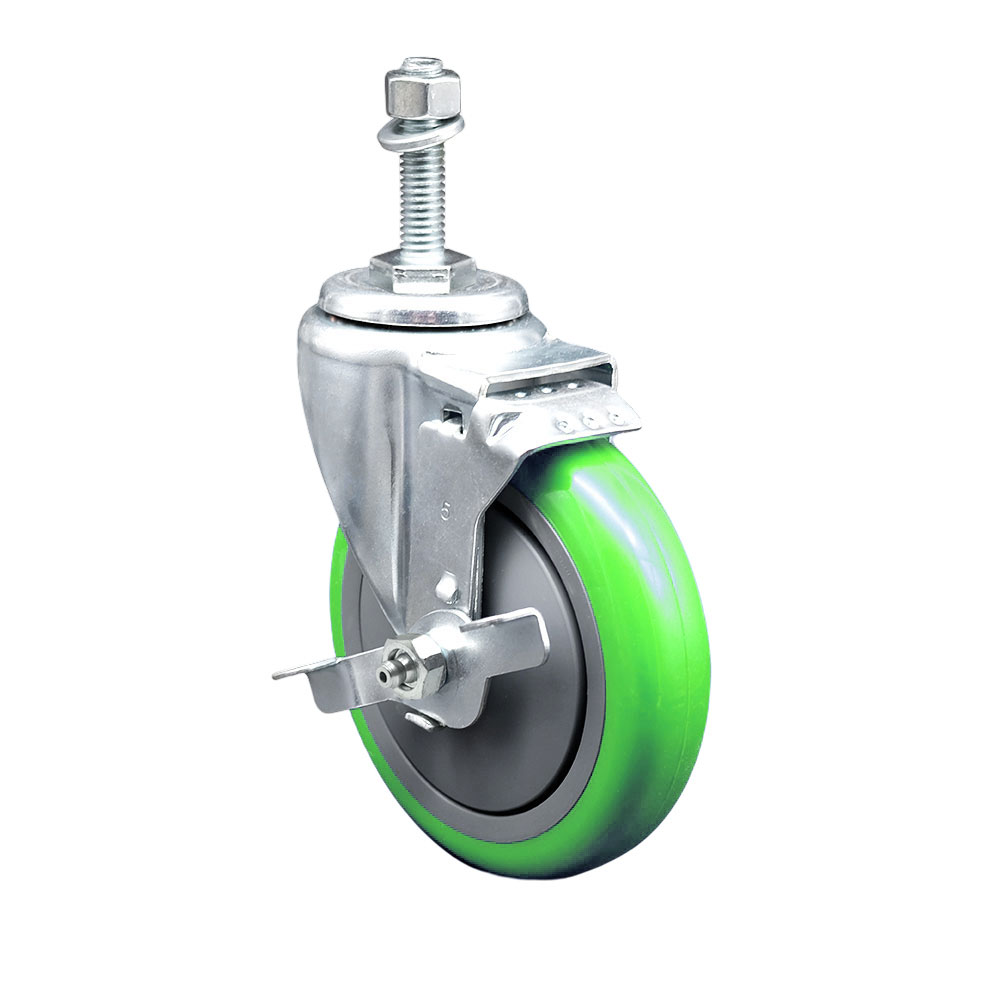 SCC-TS20S514-PPUB-GRN-TLB-M1015 Polyurethane Swivel Threaded Stem Caster with 5 x 1.25 in. Green Wheel & 10 mm Stem & Top Locking Brake