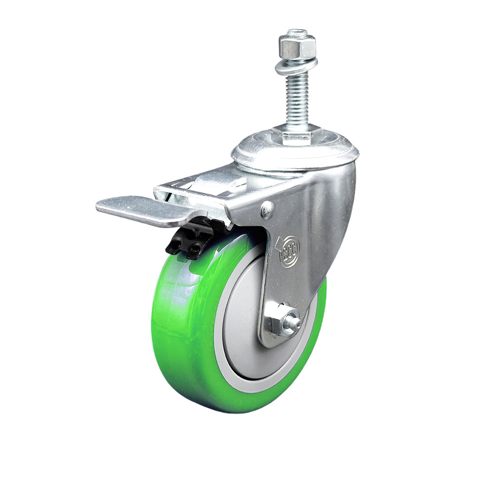 SCC-TSTTL20S414-PPUB-GRN-381615 Polyurethane Swivel Threaded Stem Caster with 4 x 1.25 in. Green Wheel & 0.38 in. Stem & Total Locking Brake