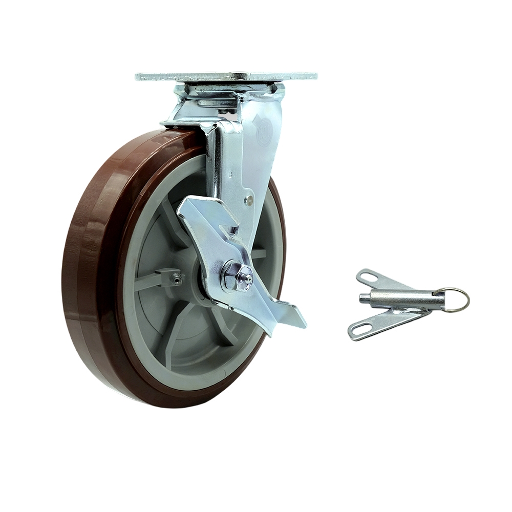 Stainless Steel Heavy Duty Swivel Top Plate Caster with Top Lock Brake & Bolt on Swivel Lock & 8 in. Polyurethane Wheel with Ball Bearings