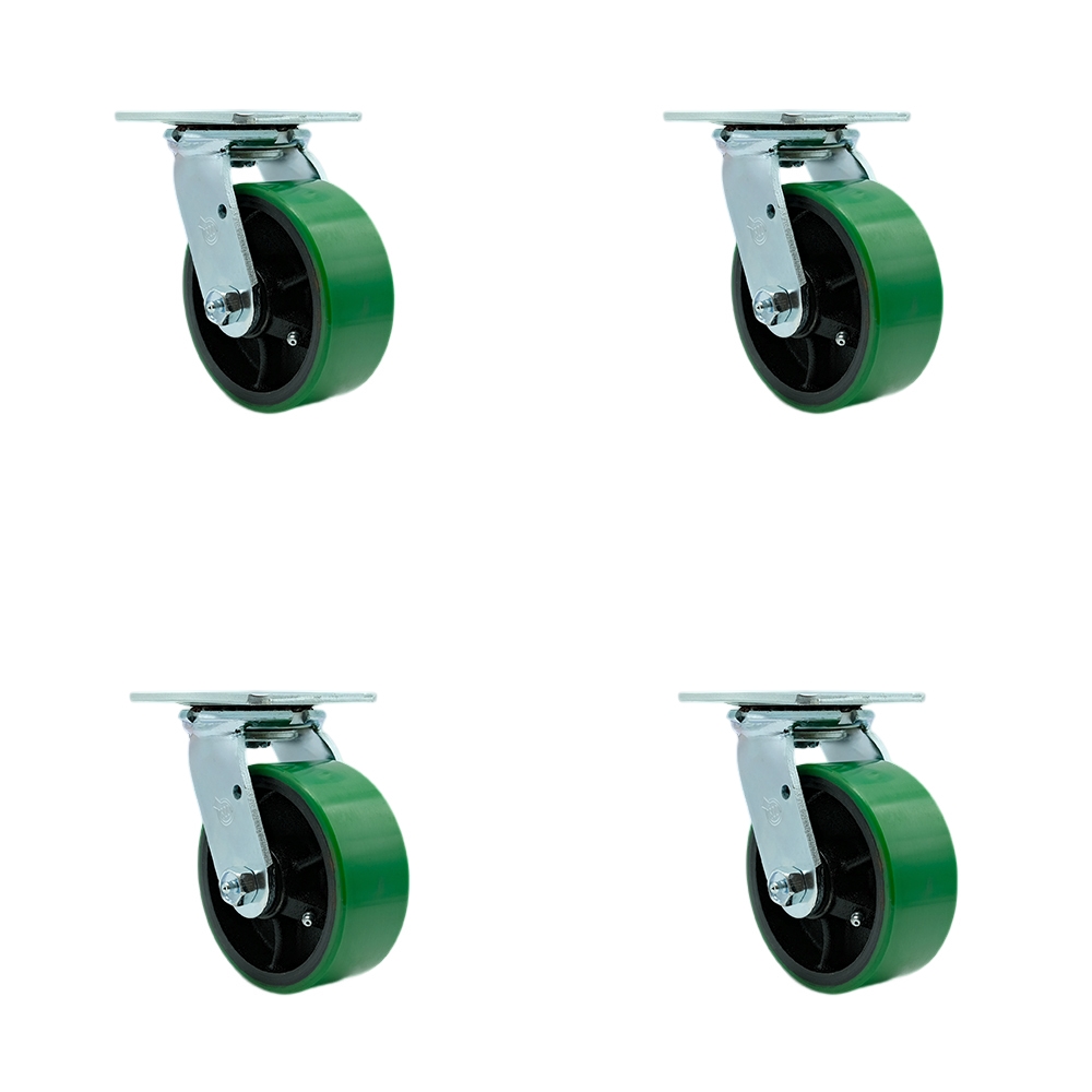Heavy Duty Swivel Caster with 5 in. Green Polyurethane on Cast Iron Wheels & Ball Bearings - 4000 lbs Total Capacity - Set of 4