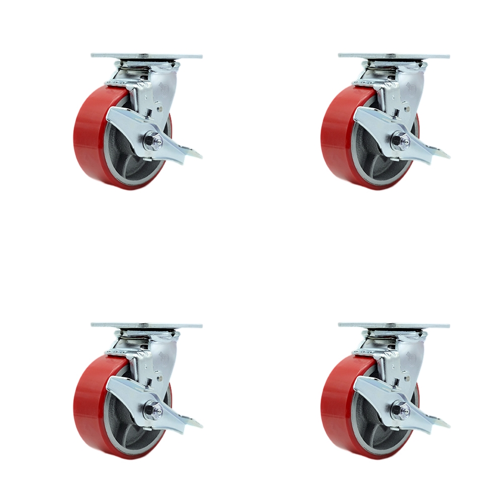 SCC-30CS520-PUB-RS-TLB-BSL-4 Heavy Duty Swivel Caster with 5 in. Red Polyurethane on Cast Iron Wheels & Ball Bearings - Set of 4
