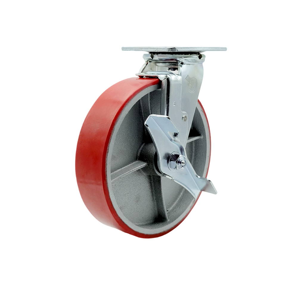 Heavy Duty Swivel Top Plate Caster with Top Lock Brake & 8 in. Red Polyurethane on Cast Iron Wheel with Ball Bearings - 1250 lbs Capacity per Caster