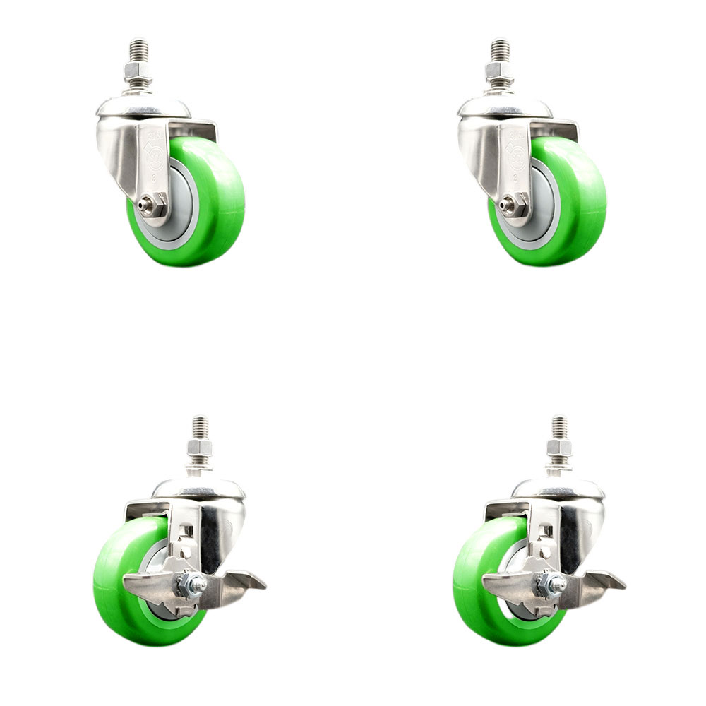 Poly Swivel Stem Caster with 3.5 in. Green Caster Wheels, 0.5 in. Threaded Stems - 316 Stainless Steel Casters - Set of 4