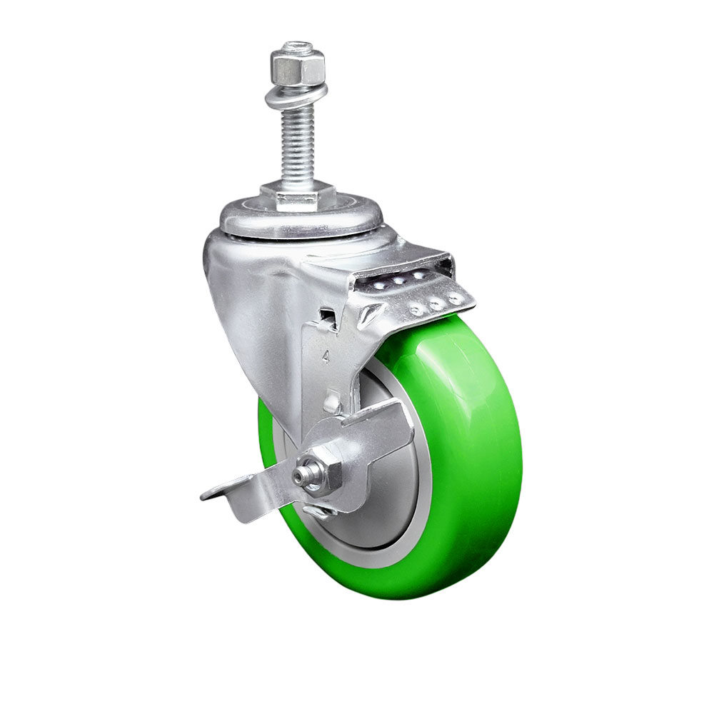 Stainless Steel Polyurethane Swivel Threaded Stem Caster with 4 x 1.25 in. Green Wheel & 10 mm Stem & Top Locking Brake