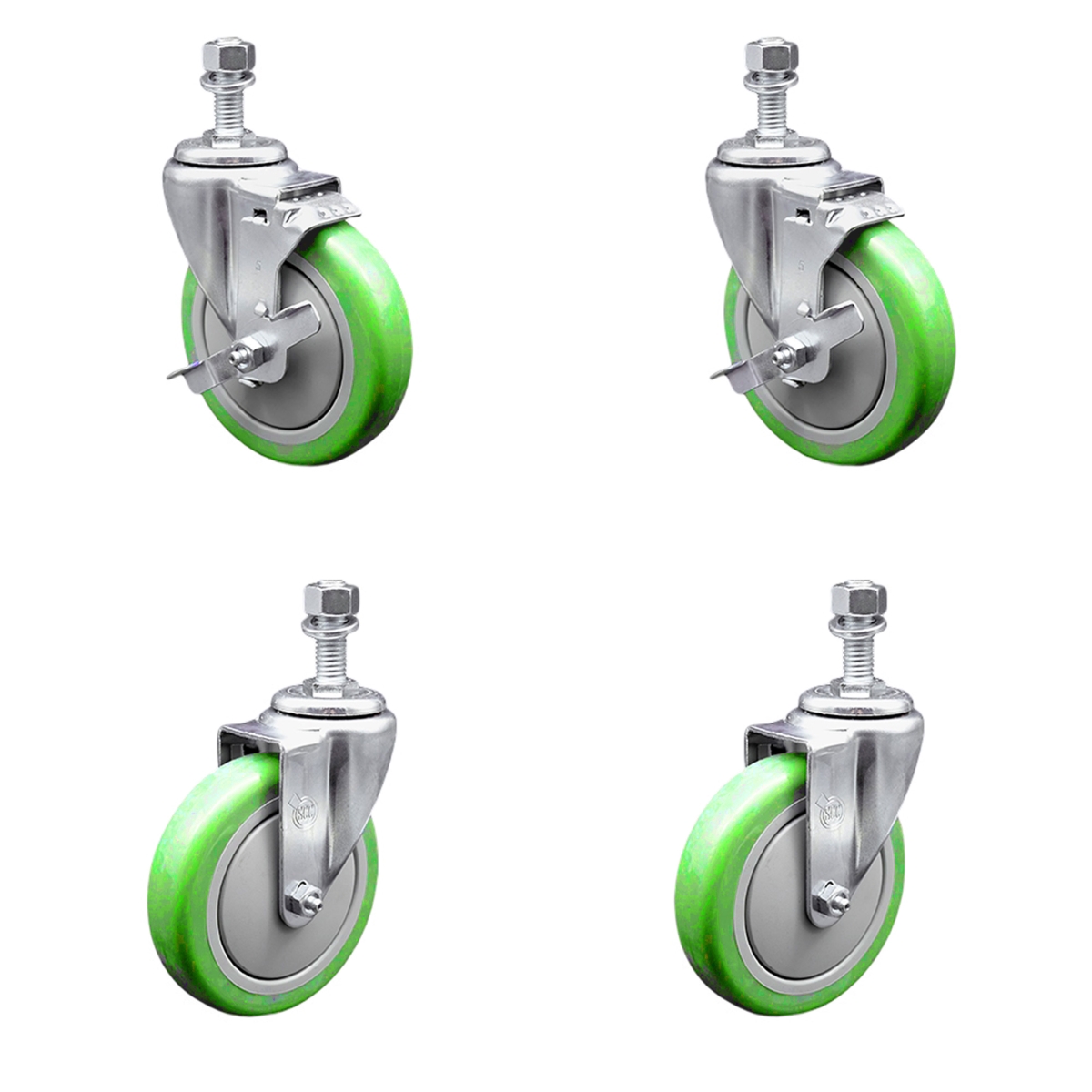 Stainless Steel Polyurethane Swivel Threaded Stem Caster with 5 x 1.25 in. Green Wheels & 0.5 in. Stems - Set of 4