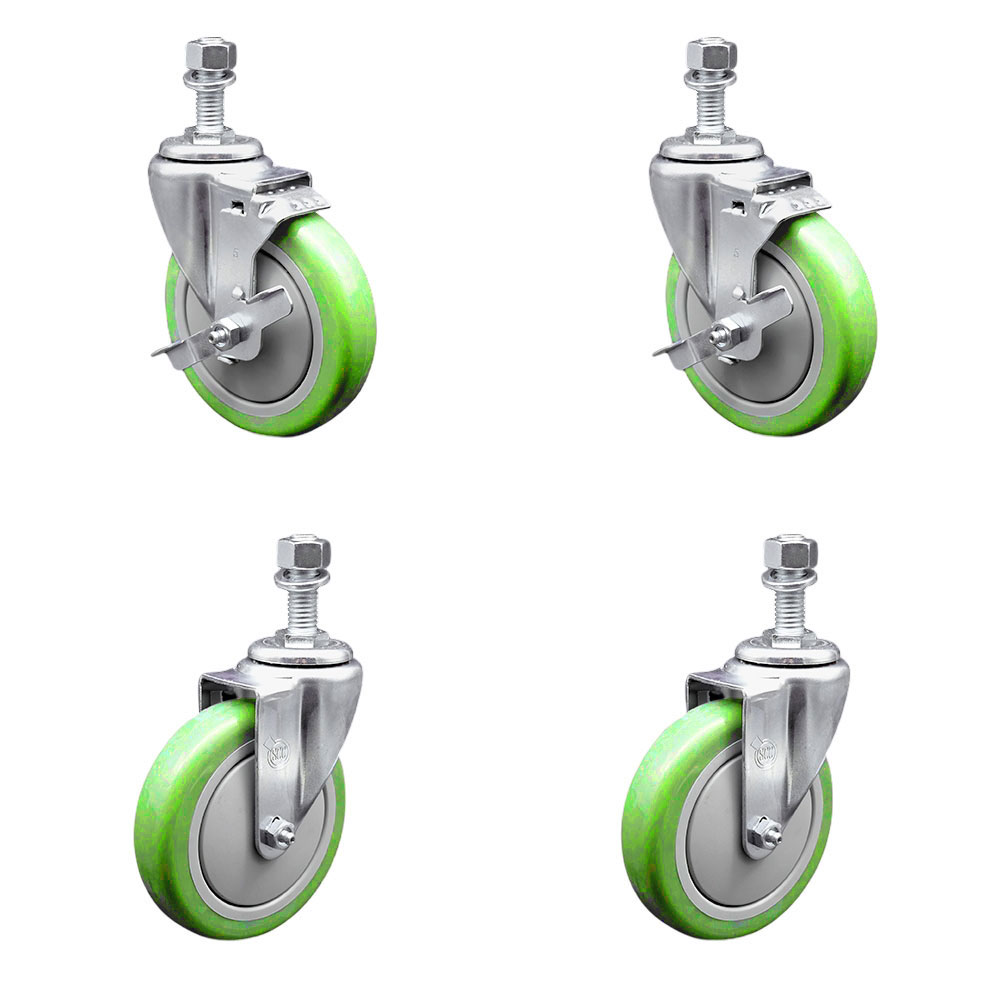 Stainless Steel Polyurethane Swivel Threaded Stem Caster with 5 x 1.25 in. Green Wheels & 12 mm Stems - Set of 4