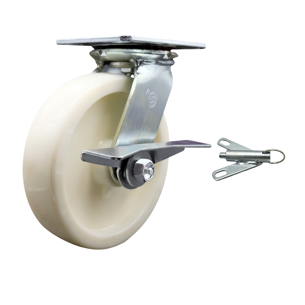 Heavy Duty Large Top Plate Nylon Swivel Caster with 8 x 2 in. White Wheel & Side Lock Brake & Bolt on Swivel Lock - 1250 lbs Capacity per Caster