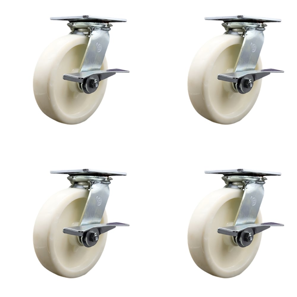 SCC-35S820-NYR-SLB-BSL-4 Heavy Duty Large Top Plate Nylon Swivel Caster with 8 x 2 in. White Wheels - 5000 lbs Total Capacity - Set of 4