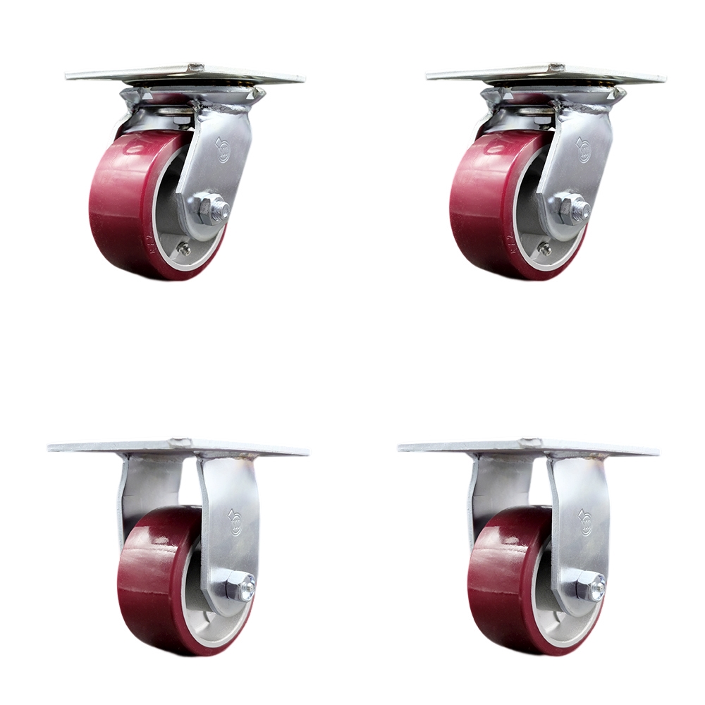 Heavy Duty Large Top Plate Polyurethane on Aluminum Swivel Caster with 4 x 2 in. Maroon Wheels - 2800 lbs Total Capacity - Set of 4