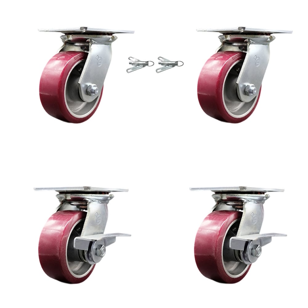 Heavy Duty Large Top Plate Polyurethane on Aluminum Swivel Caster with 5 x 2 in. Maroon Wheels - 3600 lbs Capacity - Set of 4