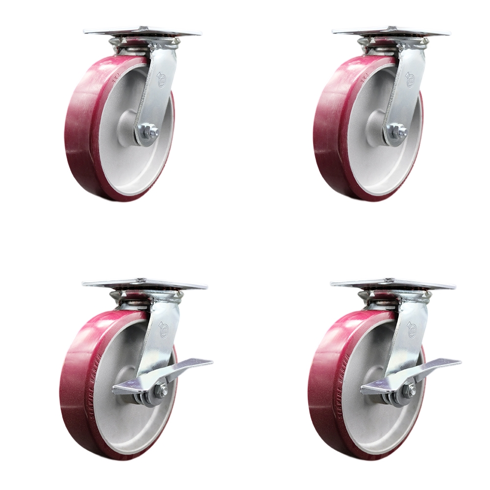 Heavy Duty Large Top Plate Polyurethane on Aluminum Swivel Caster with 8 x 2 in. Maroon Wheels - 5000 lbs Total Capacity - Set of 4