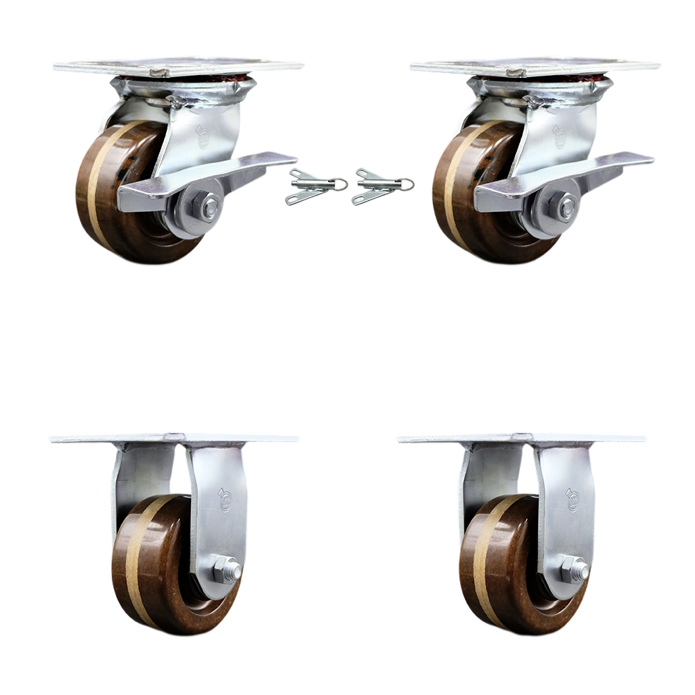 Heavy Duty Large Top Plate High Temperature Phenolic Swivel Caster with 4 x 2 in. Brown Wheels - 3200 lbs Capacity - Set of 4