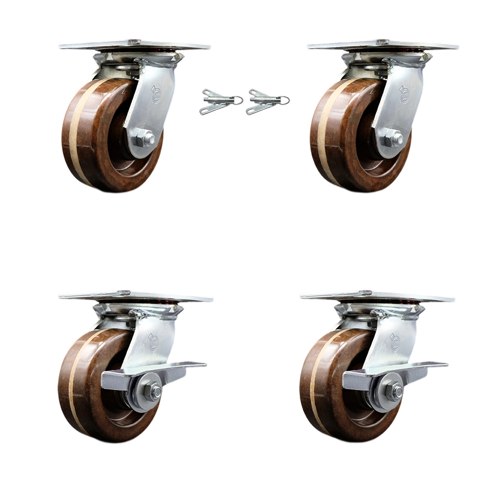 Heavy Duty Large Top Plate High Temperature Phenolic Swivel Caster with 5 x 2 in. Brown Wheels - 4000 lbs Capacity - Set of 4