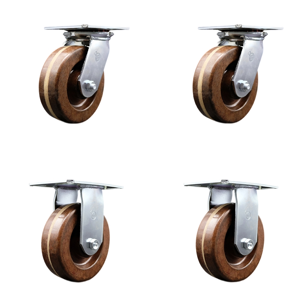Heavy Duty Large Top Plate High Temperature Phenolic Swivel Caster with 6 x 2 in. Brown Wheels - 4800 lbs Total Capacity - Set of 4