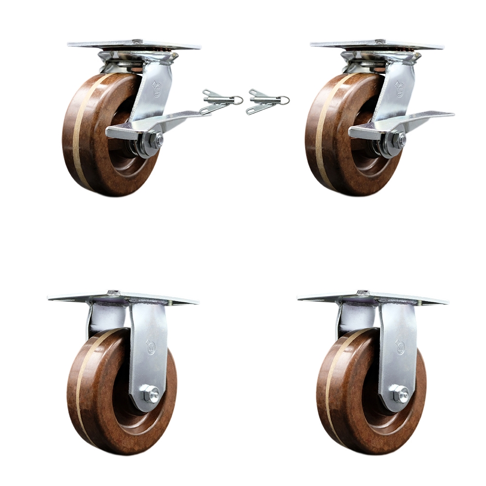 Heavy Duty Large Top Plate High Temperature Phenolic Swivel Caster with 6 x 2 in. Brown Wheels - 4800 lbs Capacity - Set of 4