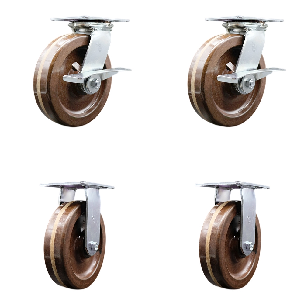 Heavy Duty Large Top Plate High Temperature Phenolic Swivel Caster with 8 x 2 in. Brown Wheels - 5000 lbs Total Capacity - Set of 4