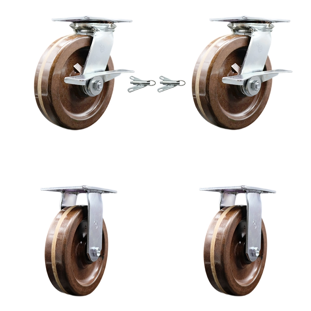 Heavy Duty Large Top Plate High Temperature Phenolic Swivel Caster with 8 x 2 in. Brown Wheels - 5000 lbs Capacity - Set of 4