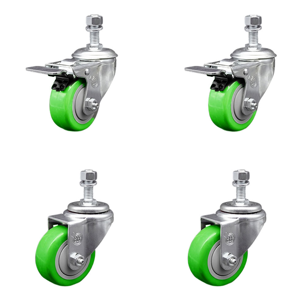 Stainless Steel Polyurethane Swivel Threaded Stem Caster with 3.5 x 1.25 in. Green Wheels & 12 mm Stems - Set of 4