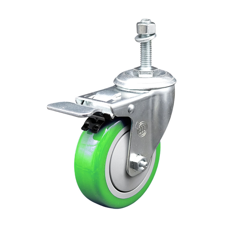 Stainless Steel Polyurethane Swivel Threaded Stem Caster with 4 x 1.25 in. Green Wheel & 10 mm Stem & Total Locking Brake