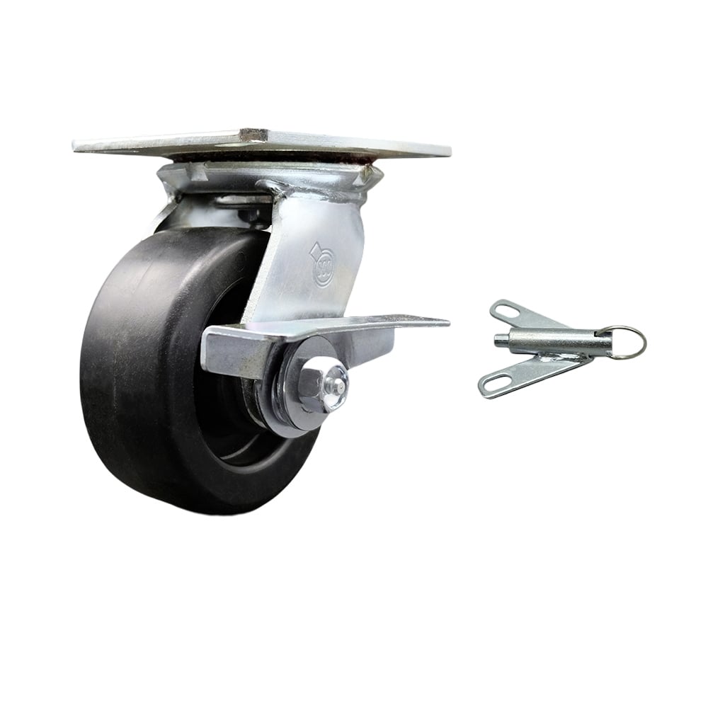 Heavy Duty Large Top Plate Polyolefin Swivel Caster with 5 x 2 in. Black Wheel & Side Lock Brake & Bolt on Swivel Lock - 650 lbs Capacity per Caster