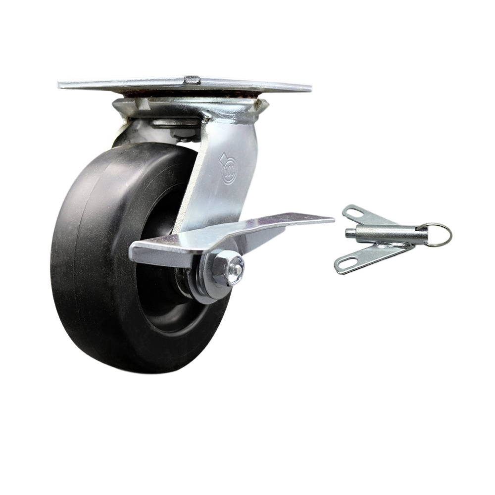 Heavy Duty Large Top Plate Polyolefin Swivel Caster with 6 x 2 in. Black Wheel & Side Lock Brake & Bolt on Swivel Lock - 700 lbs Capacity per Caster