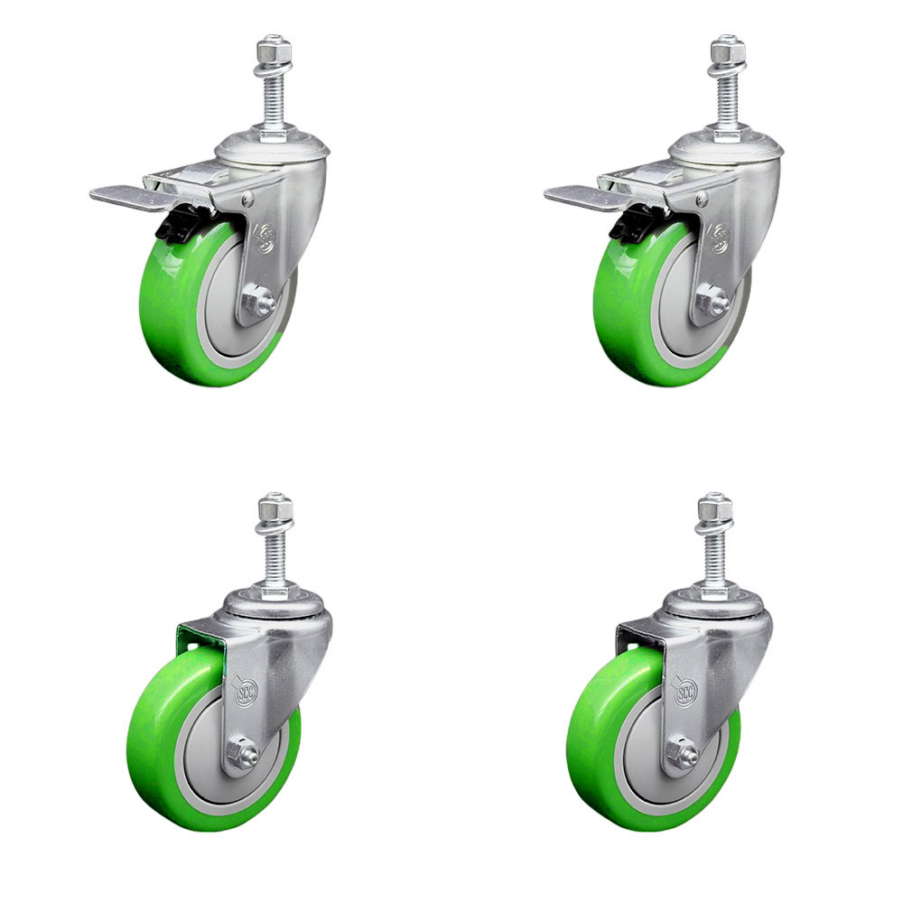 Stainless Steel Polyurethane Swivel Threaded Stem Caster with 4 x 1.25 in. Green Wheels & 10 mm Stems - Set of 4