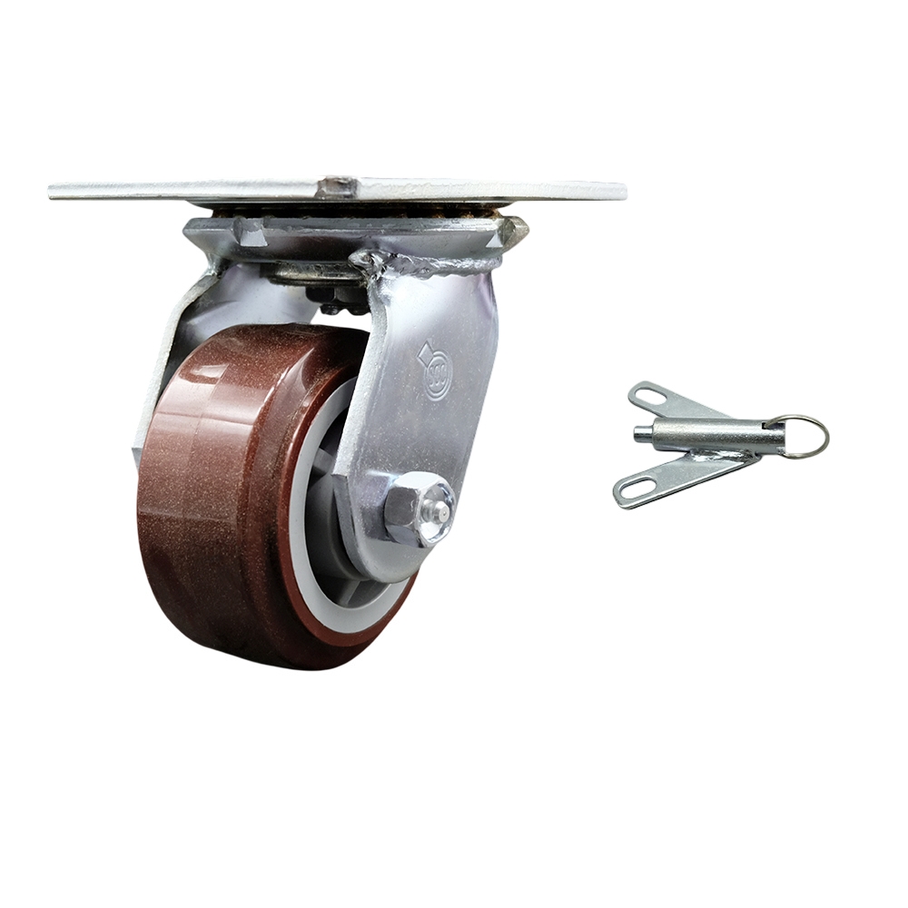 Heavy Duty Large Top Plate Polyurethane on Polyolefin Swivel Caster with 4 x 2 in. Maroon Wheel & Bolt on Swivel Lock - 600 lbs Capacity per Caster
