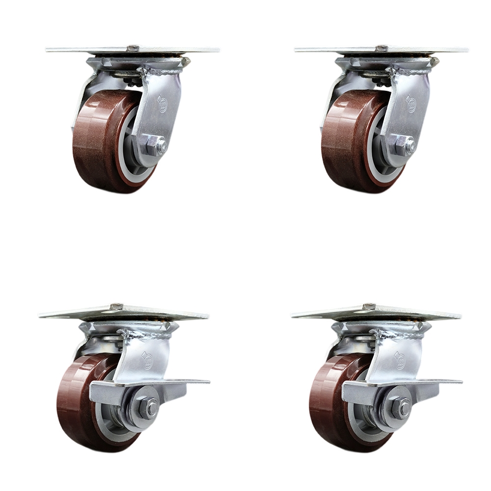 Heavy Duty Large Top Plate Polyurethane on Polyolefin Swivel Caster with 4 x 2 in. Maroon Wheels - 2400 lbs Total Capacity - Set of 4