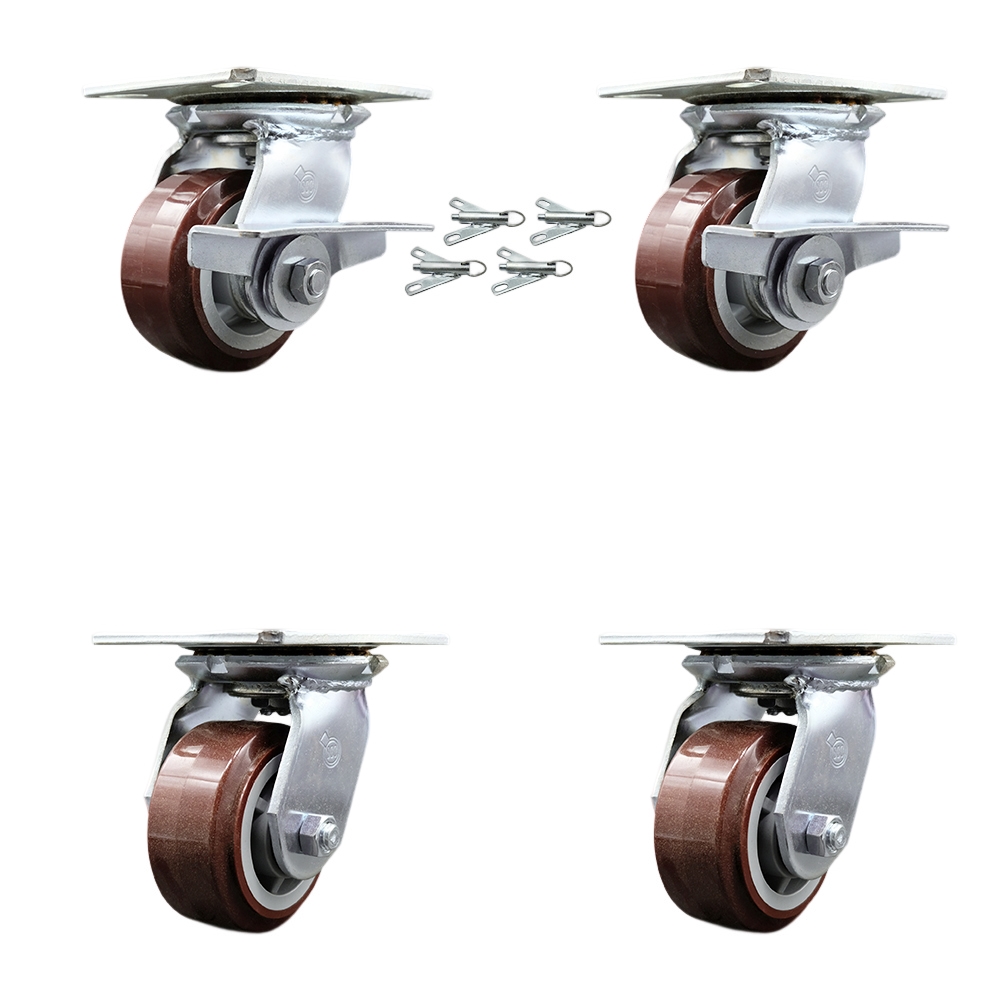 Heavy Duty Large Top Plate Poly on Polyolefin Swivel Caster with 4 x 2 in. Maroon Wheels - 2400 lbs Capacity - Set of 4