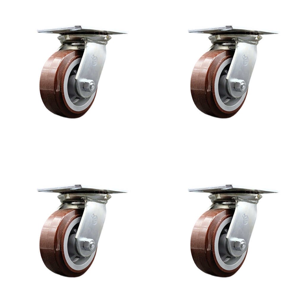 Heavy Duty Large Top Plate Polyurethane on Polyolefin Swivel Caster with 5 x 2 in. Maroon Wheels - 3000 lbs Total Capacity - Set of 4
