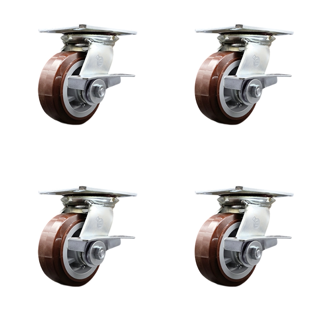 Heavy Duty Large Top Plate Polyurethane on Polyolefin Swivel Caster with 5 x 2 in. Maroon Wheels - 3000 lbs Total Capacity - Set of 4