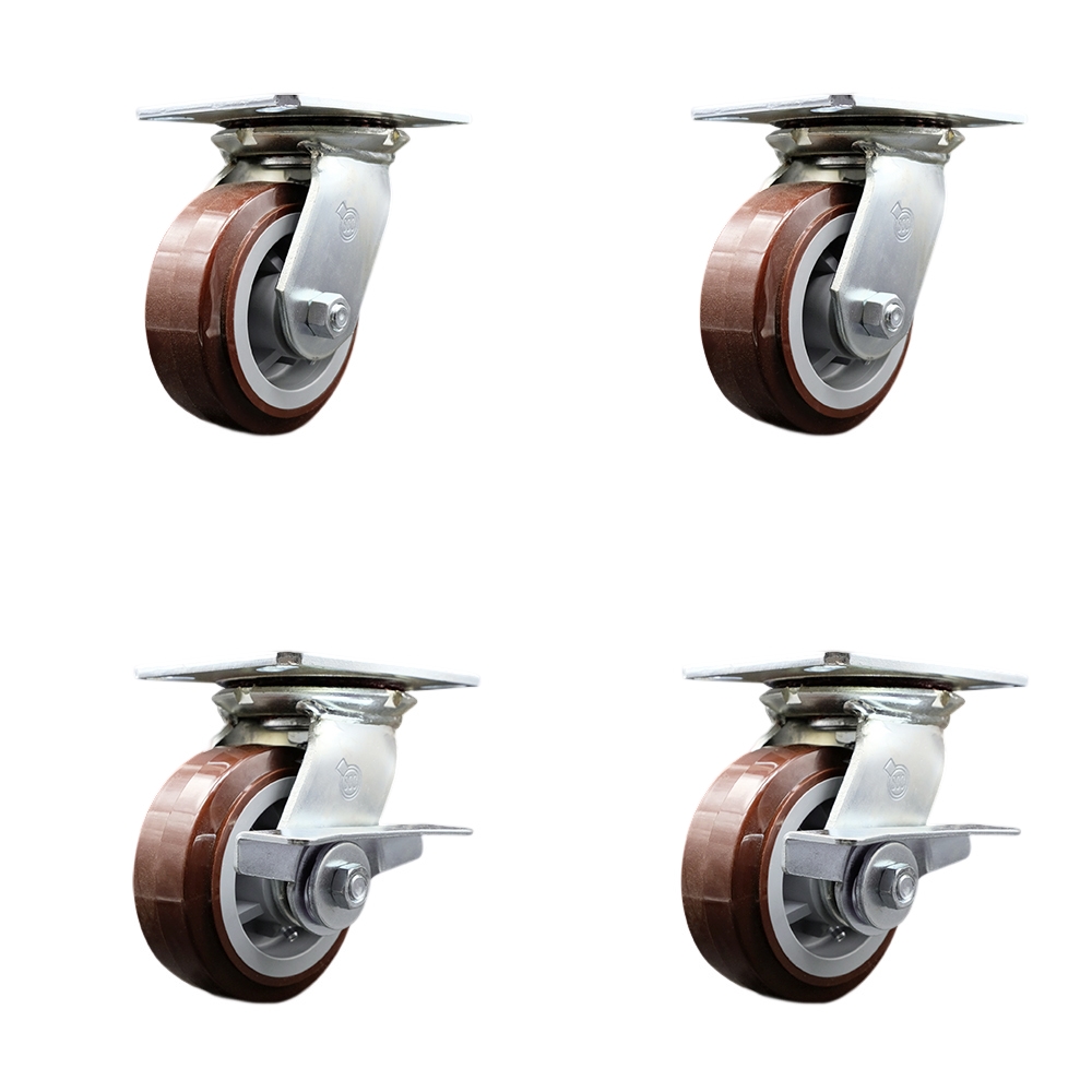 Heavy Duty Large Top Plate Polyurethane on Polyolefin Swivel Caster with 5 x 2 in. Maroon Wheels - 3000 lbs Total Capacity - Set of 4