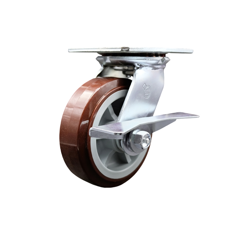 Heavy Duty Large Top Plate Polyurethane on Polyolefin Swivel Caster with 6 x 2 in. Maroon Wheel & Side Lock Brake - 900 lbs Capacity per Caster