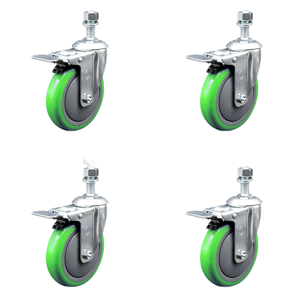Stainless Steel Polyurethane Swivel Threaded Stem Caster with 5 x 1.25 in. Green Wheels & 0.5 in. Stems - Set of 4