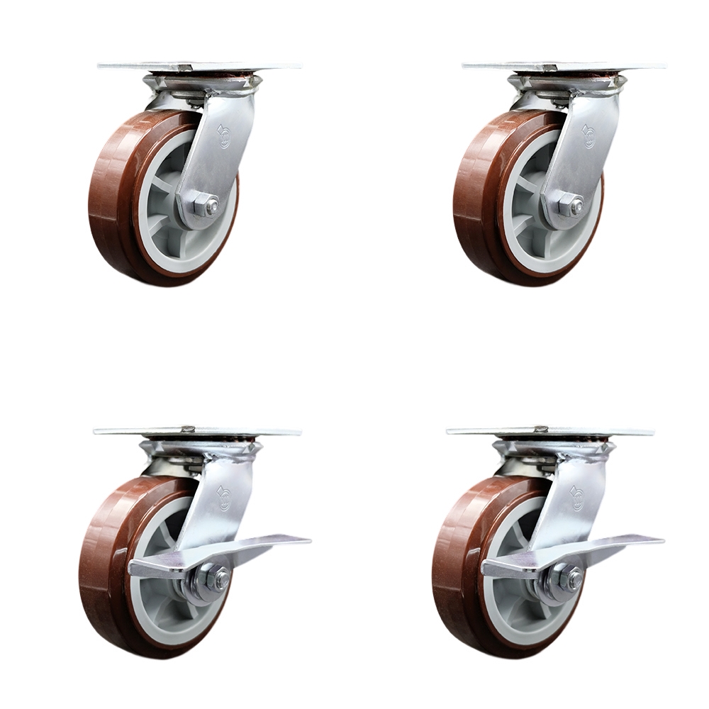 Heavy Duty Large Top Plate Polyurethane on Polyolefin Swivel Caster with 6 x 2 in. Maroon Wheels - 3600 lbs Total Capacity - Set of 4